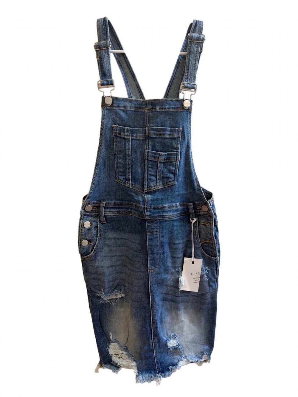 Risen Classic Distressed Blue Denim Overall Skirt